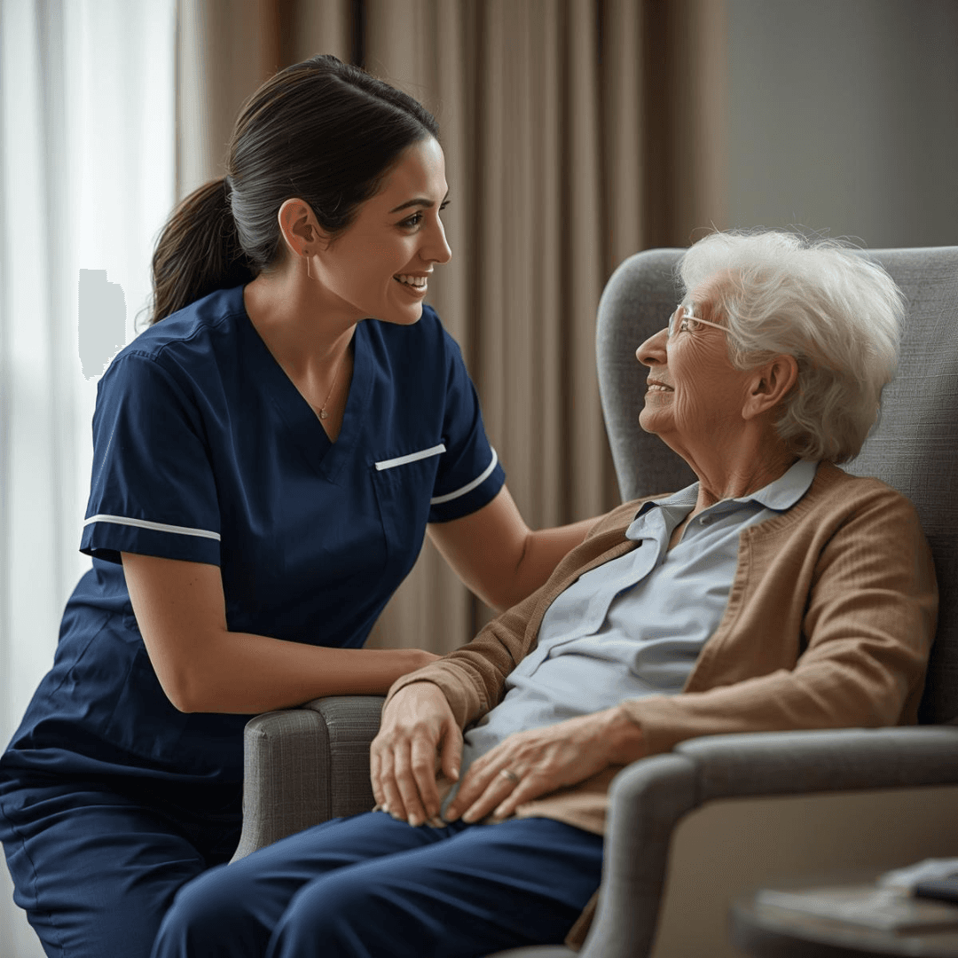 Caregiver with patient on sofa