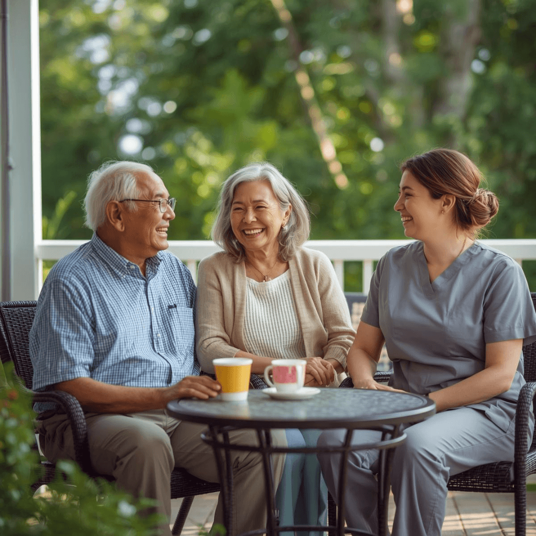 Female caregiver walking with patient outdoors