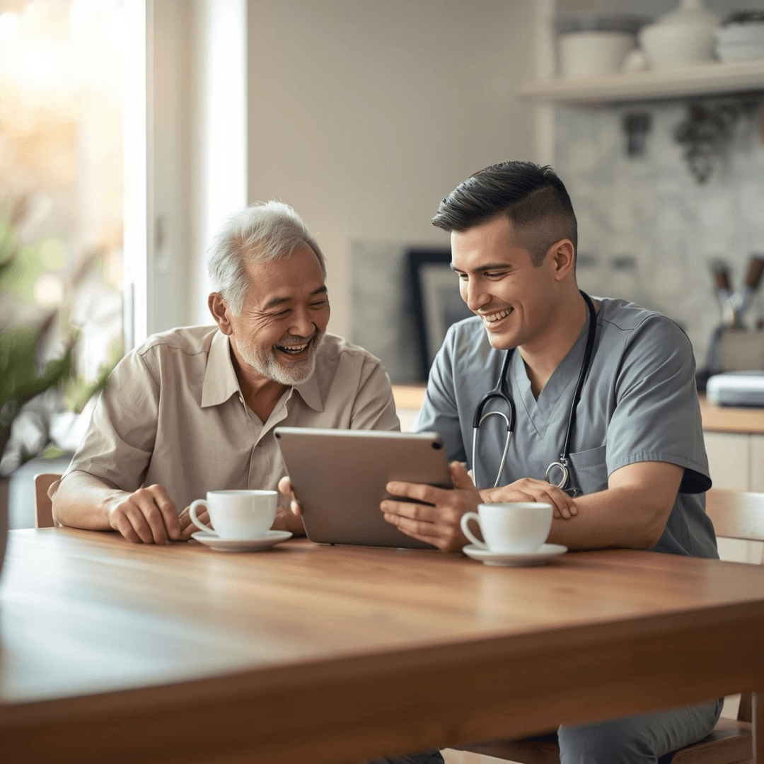 Male caregiver with patient in kitchen
